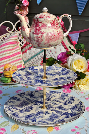 Toile de Jouy Mad Tea Party Cake Stand with Mini Teapot Top