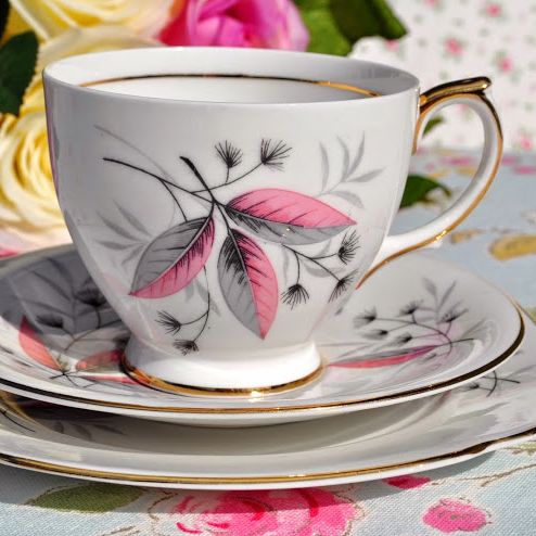 Windsor China Pink and Grey Teacup Trio c.1960's