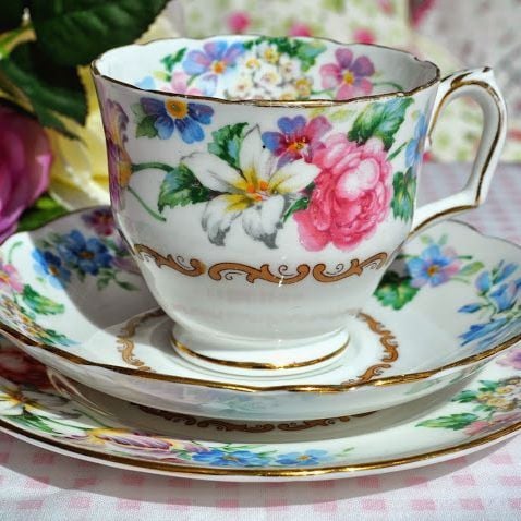 Crown Staffordshire Vintage Floral China Teacup, Saucer, Tea Plate Trio