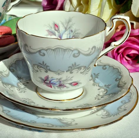 Paragon Concerto Vintage China Pale Blue and Pink Roses Teacup Trio c.1957+