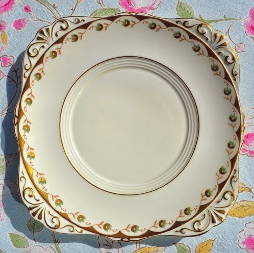 Grafton Fine China Cream, Gold and Green Flowers Vintage Cake Plate c.1930s