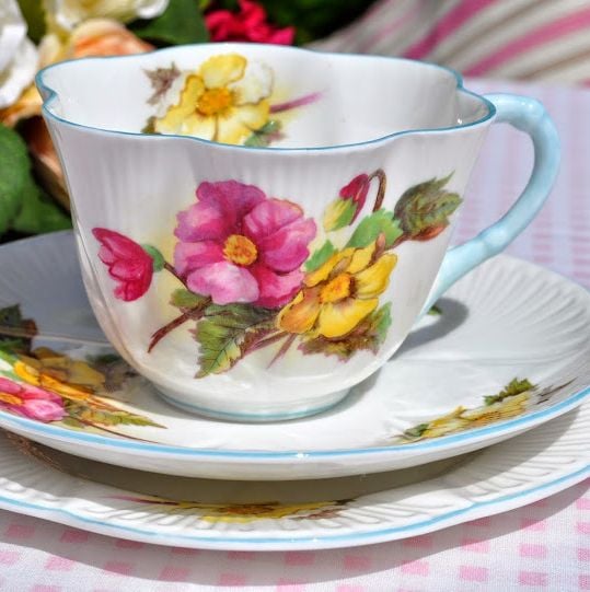 Shelley Begonia Vintage Fine Bone China Teacup, Saucer and Tea Plate Trio
