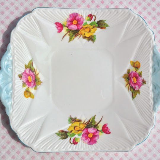 Shelley Begonia Vintage Fine Bone China Cake Plate with Pale Blue Trim
