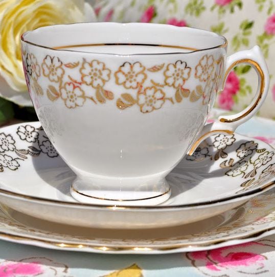 Royal Vale Gold Leaf Flower Pattern Vintage Teacup Trio