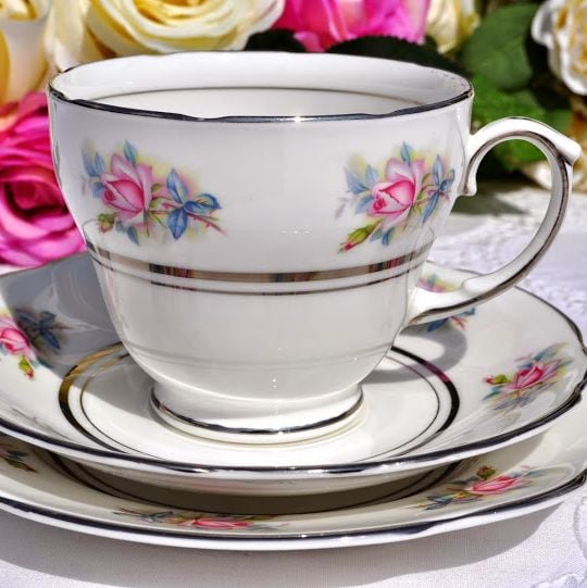 Duchess China Pink Roses Teacup Trio with Platinum Gilding c.1950's