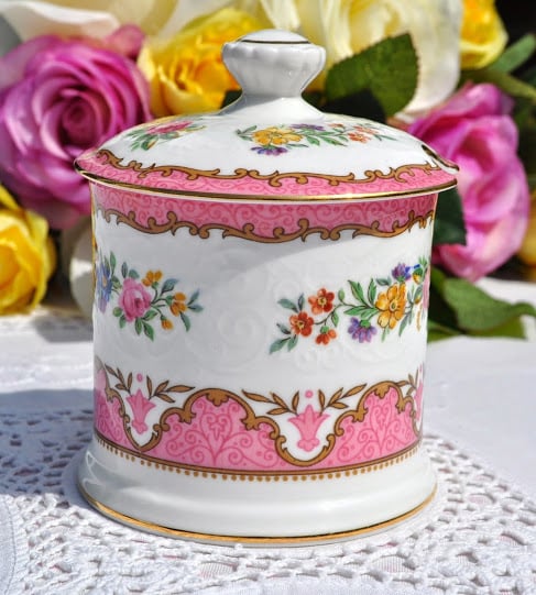 Crown Staffordshire Tunis Pink Vintage Bone China Preserve Pot with Lid