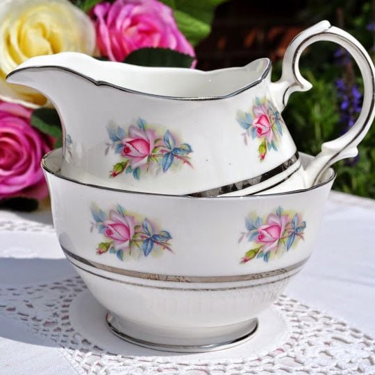 Duchess China Pink Roses Milk Jug and Sugar Bowl with Platinum Gilding c.19