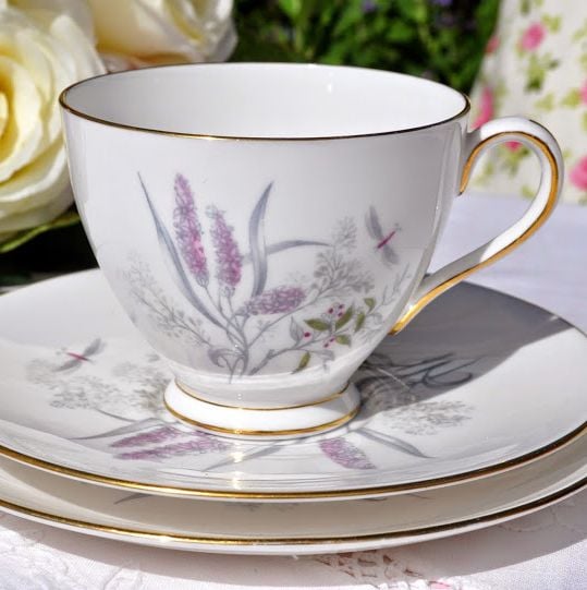 Tuscan China Pale Pink Flowers and Dragonfly Pattern Vintage Teacup Trio c.