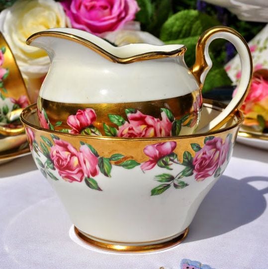 Salisbury Pink Rose and Gold Vintage Bone China Cream Jug and Sugar Bowl