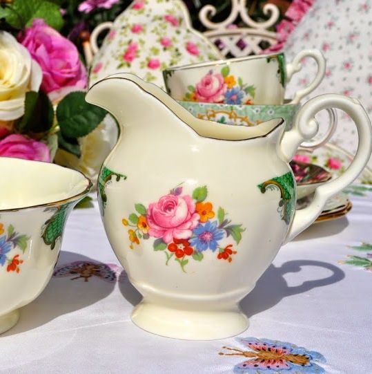 Tuscan Vintage Green and Pink Floral Vintage Cream Jug and Sugar Bowl c.193