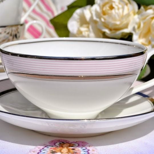 Wedgwood Martha Stewart Collection Ribbon Stripe Rose Teacup and Saucer