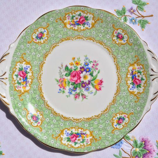 Queen Anne Gainsborough Floral Green Vintage Cake Plate
