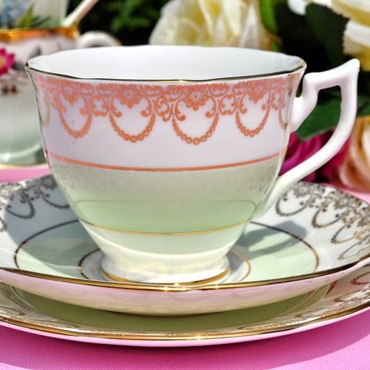 Adderley Fine Bone China Pale Green and Gold Teacup, Saucer and Tea Plate T