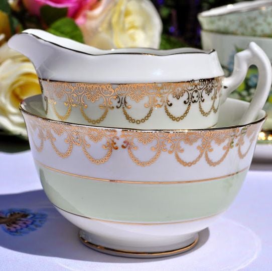Adderley Fine Bone China Pale Green and Gold Cream Jug and Sugar Bowl