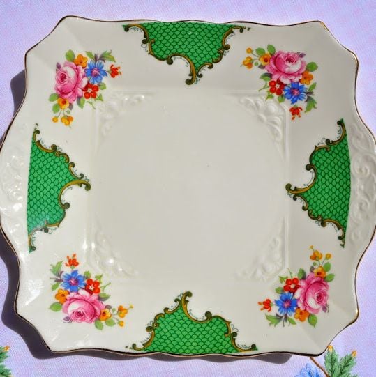 Tuscan Vintage Green and Pink Floral Vintage Square Cake Plate c.1936+