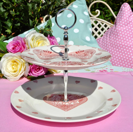 Made With Love Pink Hearts and Crown Queens Plates 2 Tier Cake Stand