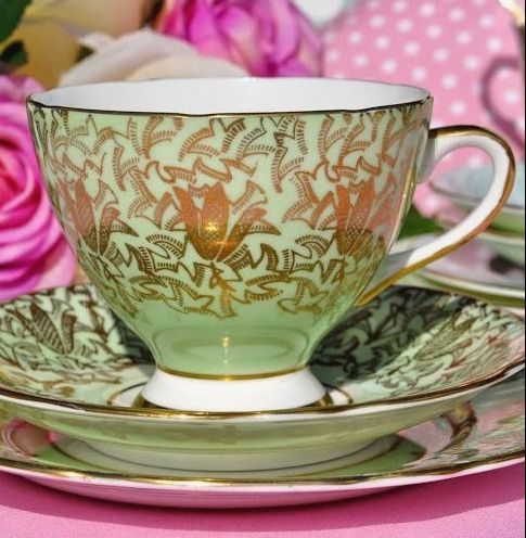 Gladstone Green and Gold Filigree Teacup Trio c.1940's
