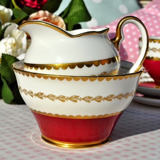 Salisbury Ruby Red and Gold Vintage Cream Jug and Sugar Bowl