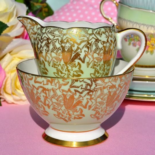 Gladstone Green and Gold Filigree Vintage Milk Jug and Sugar Bowl c.1940's