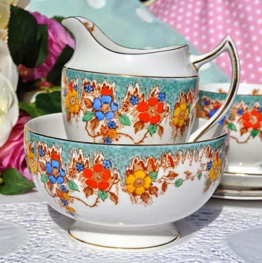 Duchess China Turquoise Floral Hand Painted Vintage Jug and Sugar Bowl