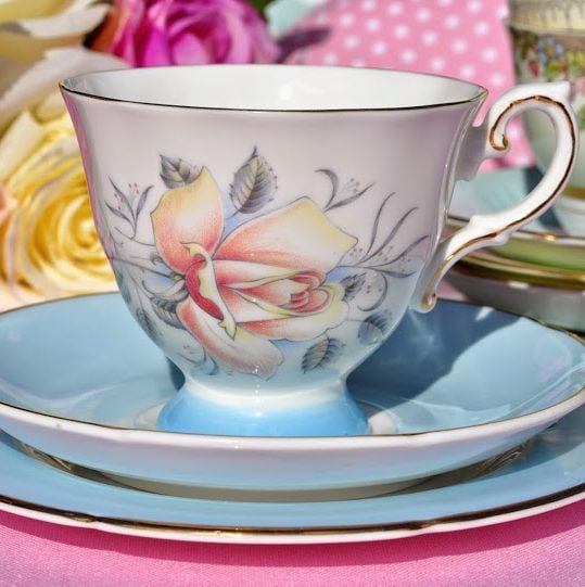 Royal Grafton Mayfair Powder Blue and Peach Rose Vintage Tea Trio