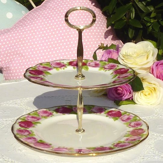 Royal Albert Old English Rose Two-Tiered Vintage Cake Stand