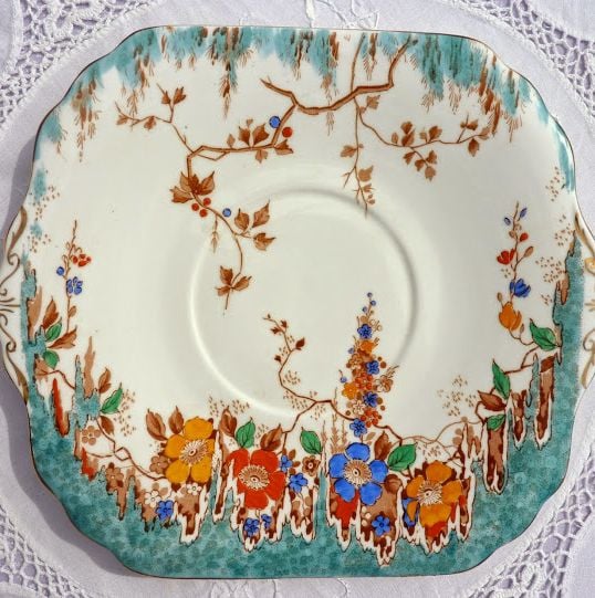 Duchess China Turquoise Floral Hand Painted Vintage Art Deco Cake Plate