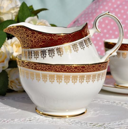 Duchess Winchester Red and Gold Bone China Vintage Milk Jug and Sugar Bowl