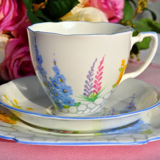 Grafton China Hand Painted Art Deco Teacup Trio c.1935+