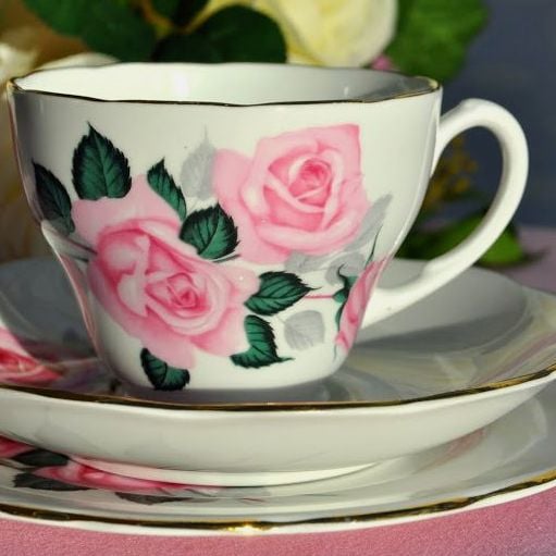 Roslyn Pink Roses Vintage Teacup, Saucer and Tea Plate c.1958-63
