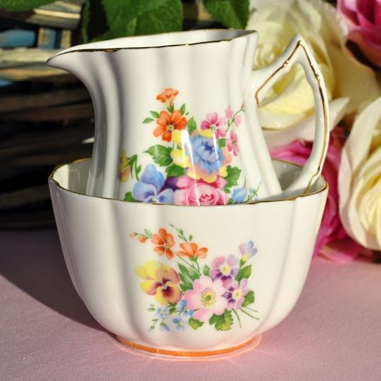 Old Royal Fluted Shaped Vintage Floral China Milk Jug and Sugar Bowl c.1940