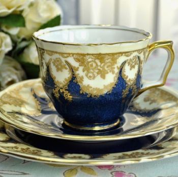 Antique Crown Staffordshire Blue and Gold China Teacup Trio c.1906+