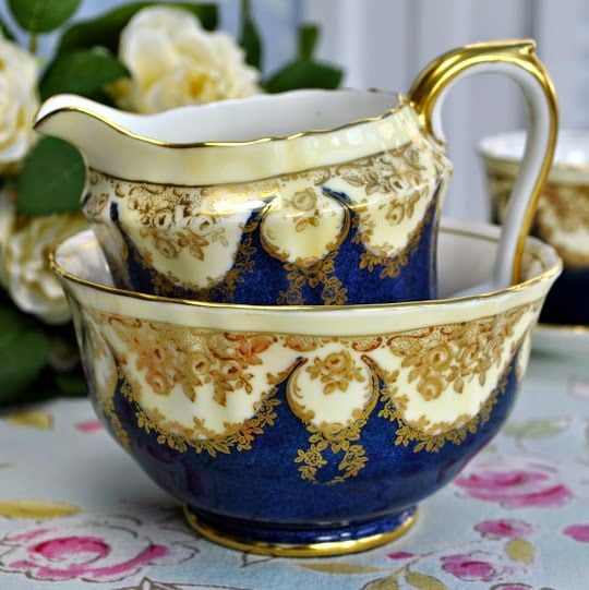 Antique Crown Staffordshire Blue and Gold Jug and Sugar Bowl