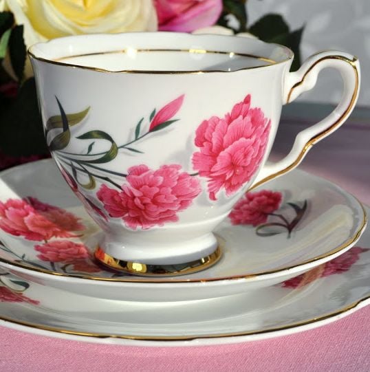 Royal Stafford Carnation Vintage Bone China Teacup, Saucer and Tea Plate