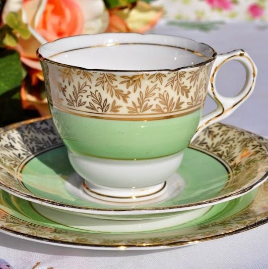 Royal Stafford Gold and Green 1950's Teacup Trio