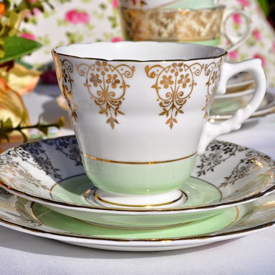 Sutherland Green Band and Gold Filigree 1940's Teacup Trio