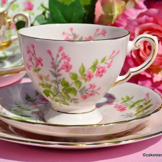 Tuscan Pink Fine Bone China Vintage Tea Trio with Pink Flowers