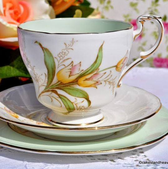 Paragon Green and Yellow Lily Fine Bone China Vintage Tea Trio