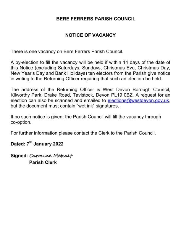 Notice of Parish Vacancy Bere Ferrers PC January 2022_page_001