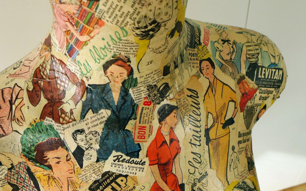 vintage decoupaged mannequin and stand