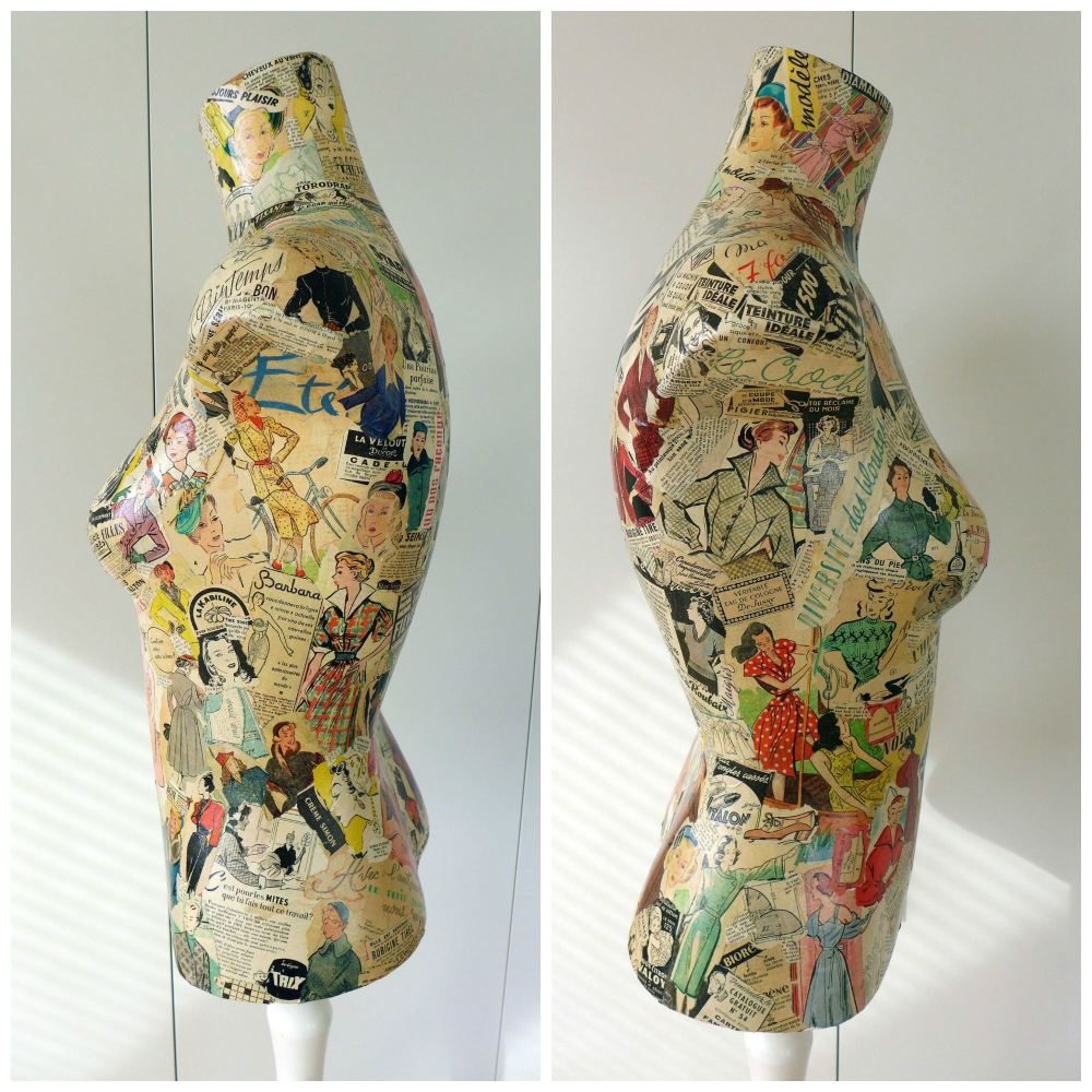 vintage decoupaged mannequin and stand
