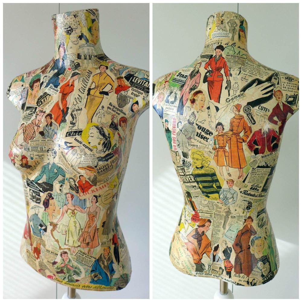 vintage decoupaged mannequin and stand