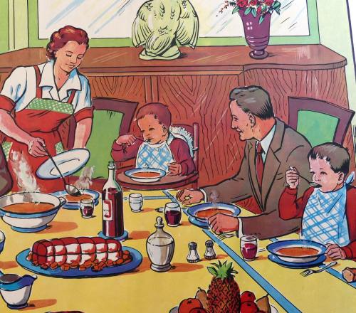 1960's French Classroom Poster - In the Evening/At the Table