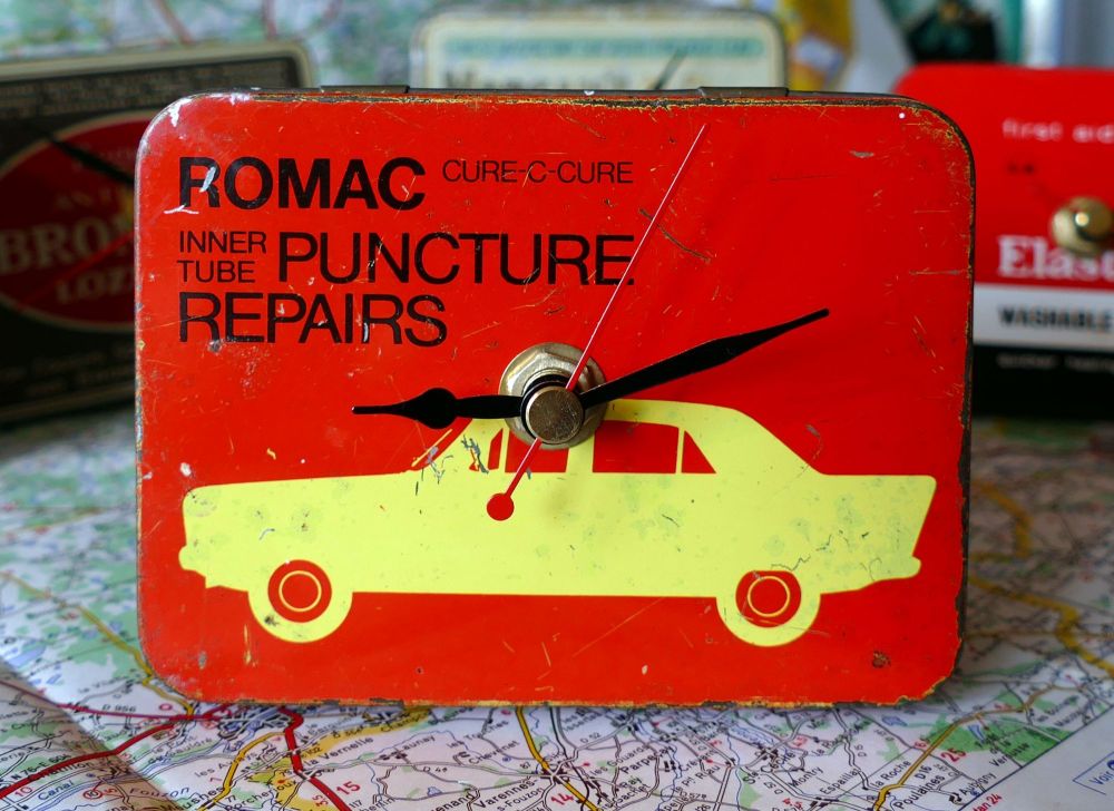 Vintage Romac Puncture Kit Tin Bedside Clock - 1960's