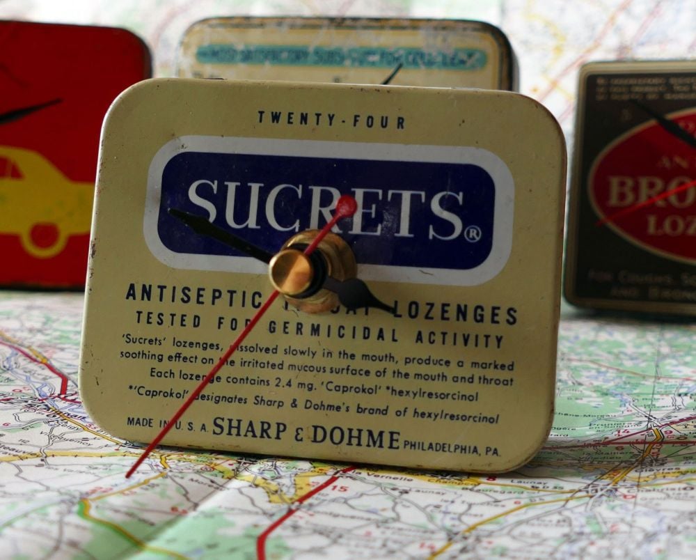Vintage Sucrets Tin Bedside Clock - 1970's