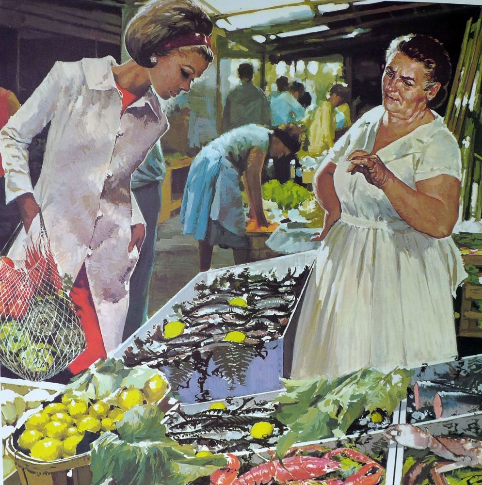 1960's French School Poster - Mother at the Market/Building a House