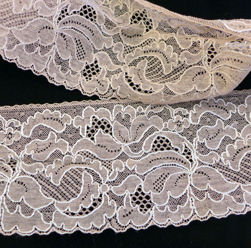 Vintage-Look Floral Stretch Leavers Lace Trim - Khaki Stone / Ivory -  Fabric by the Yard