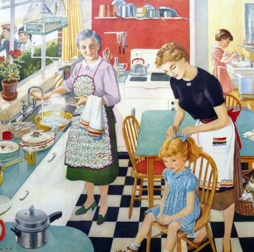 Vintage School Print - Getting Ready for School