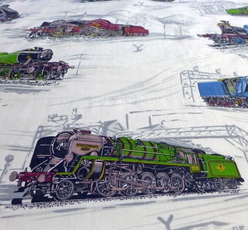 Vintage Linen Steam Train Fabric - Loco