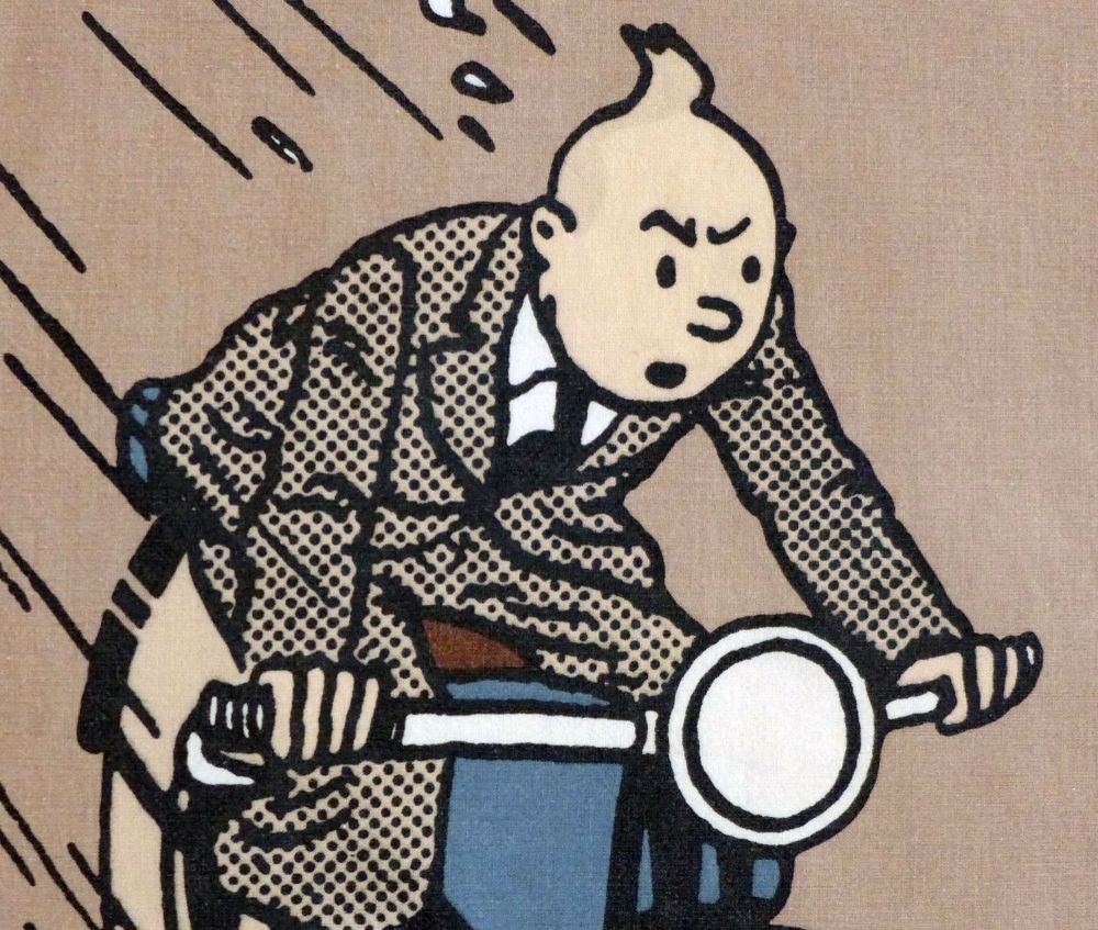 Tintin Fabric Panel - Tintin on the Motorbike - 23cm x 40cm - Blue or Taupe